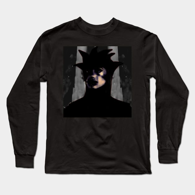 Beautiful girl in strange dark suit, with face mask. Castle or rock on background. Gray, violet. Dark. Long Sleeve T-Shirt by 234TeeUser234